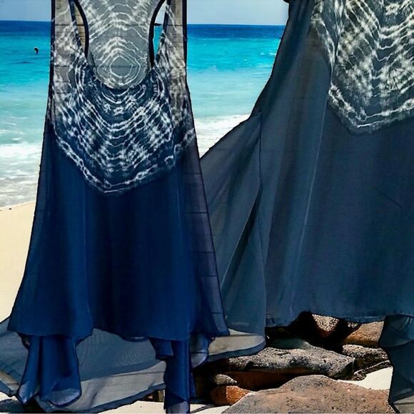 🍭 Maurices Top Navy/White Sheer Tie-dye Racerback Shark-bite Tank Size Small - Picture 5 of 16